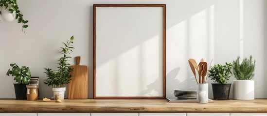 A wooden picture frame sits on top of a rustic wooden shelf in a farmhouse kitchen. The frame is empty, awaiting a photo or artwork to be displayed within it. - obrazy, fototapety, plakaty