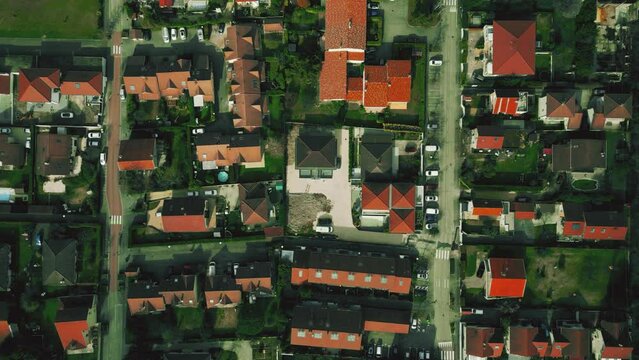 Aerial top down shot of a residential buildings and gardens in Seyssins, France