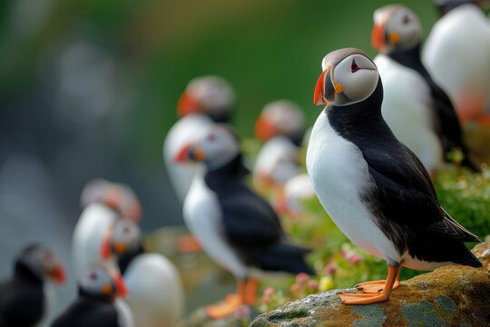 The Atlantic puffin, also known as the common puffin, is a species of seabird in the auk family. his puffin has a black crown and back, beautiful background
