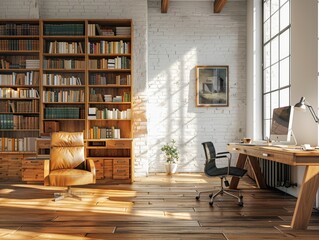 Contrasting work environments: a brightly lit modern office versus a shadowed vintage study room