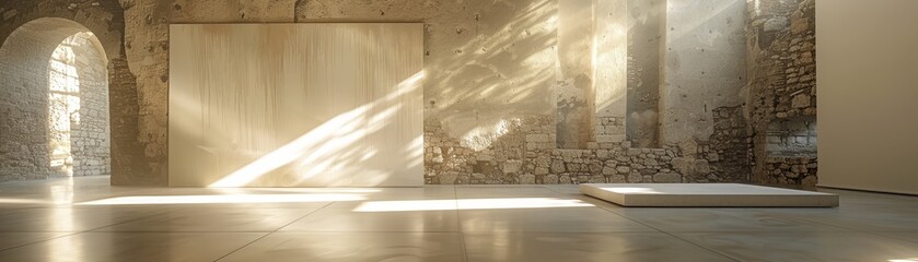 High key, illuminated modern art installation vs low key, shadowed ancient ruins, contrasting light in art and history