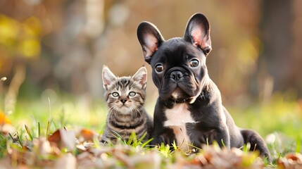 Cat and dog together outdoors. Fluffy friends. funny French buldog puppy and cat