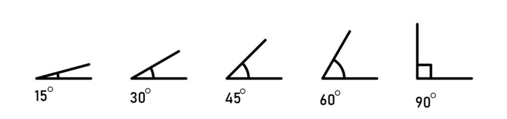 Various angles 15, 30, 45, 60, 75, 90 degree icon set. Geometric symbol. Mathematical elements PNG - obrazy, fototapety, plakaty