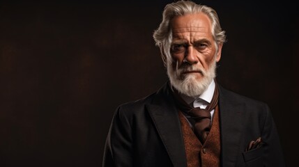 Fototapeta premium An old man with a long white beard and hair wearing a suit and tie. He has a thoughtful expression on his face and is looking at the camera. The background is a dark brown color.