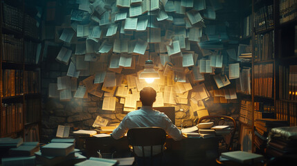 A man sits at a desk with a pile of papers in front of him - obrazy, fototapety, plakaty