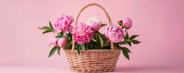bouquet of peonies in basket