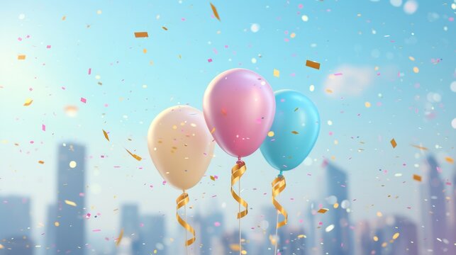 3D balloons, confetti and golden ribbons, city background generative ai