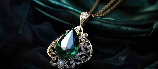 A necklace featuring a large green stone pendant hangs elegantly on display. The necklace is adorned with intricate details and catches the light beautifully.