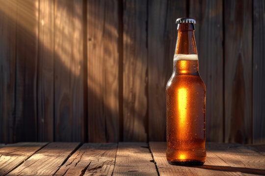 Glass bottle of beer without label on a beautiful wooden background in beautiful lighting with space for text or inscriptions
