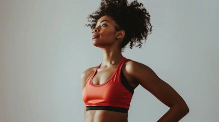 African American woman in sportswear, dynamic pose on a light background