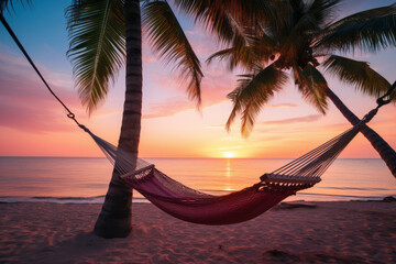 Hammock on a beautiful exotic beach with palm trees and a beautiful sunset in the background with space for text or inscriptions. Holiday theme
