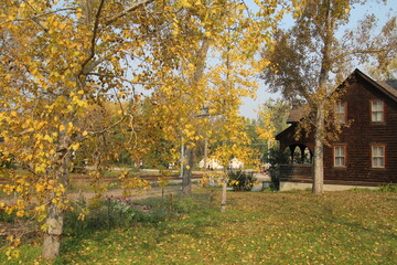 Naklejka premium house in autumn forest, Fort Edmonton Park, Edmonton, Alberta