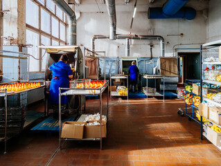 Workers are painting plastisol toys by paint sprayer in toy factory