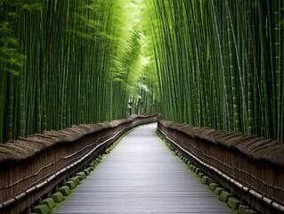 a wooden walkway through a bamboo forest