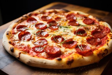 a pepperoni pizza on a wooden surface