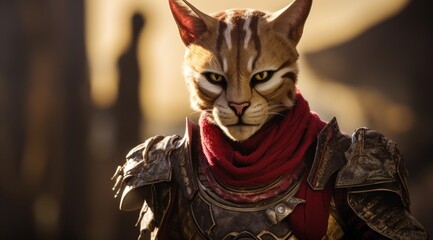 a cat in armor with a red scarf