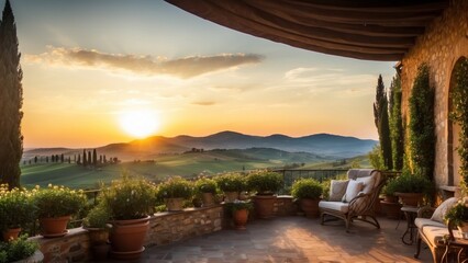Breathtaking sunrise over the rolling hills of Tuscany from your private terrace - obrazy, fototapety, plakaty