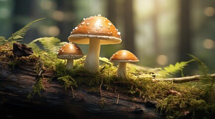 Fototapeta premium a group of mushrooms growing on a log