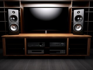 a tv and speakers on a shelf