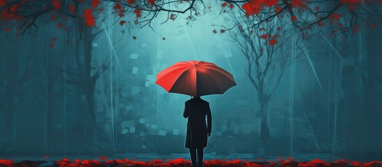 A person stands in the middle of a dense forest, holding an umbrella to shield from rain or sun. The individual is surrounded by tall trees and greenery, creating a stark contrast with the umbrella. - Powered by Adobe