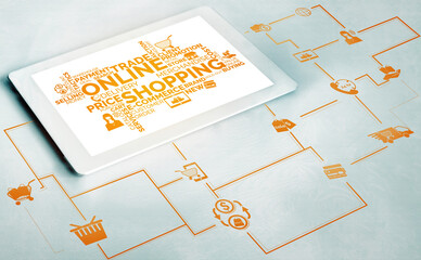 Online shopping and Internet Money Payment Transaction Technology. Modern graphic interface showing...