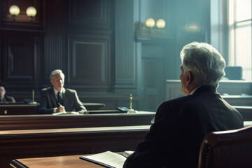 Court of justice and legal process public defender presenting case, asking male witness before judge and jury. Multi-ethnic lawyer lawyer protecting client from crime and injustice.Trial in courtroom - obrazy, fototapety, plakaty