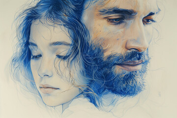 Fototapeta premium A hand-drawn painting in blue pen of a man and a woman, created for Fathers Day