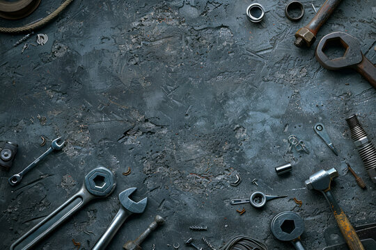 beautiful background with tools workshop or half empty mechanic table with space for text or inscriptions, top view