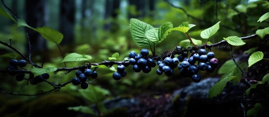 A cluster of fresh huckleberries is seen on a branch in a natural forest setting. The ripe berries are ready for picking, showcasing a vibrant display of natures abundance.