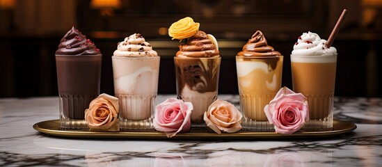 Various kinds of drinks, including romantic chocolate beverages, are neatly arranged in a row on a table, showcased on a stylish marble podium.