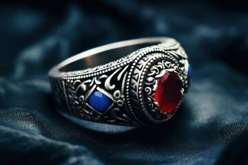 a silver ring with a red stone on it