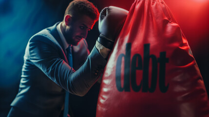 Obraz premium Businessman in Suit Boxing Against a Red 'Debt' Punching Bag - Financial Challenges Concept