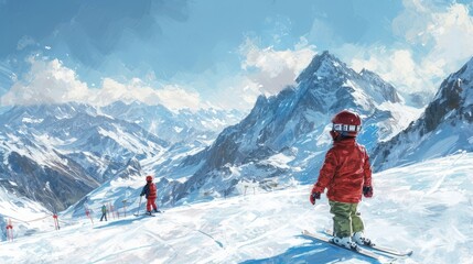 Fototapeta na wymiar A boy dressed in winter clothes exploring the snow generative ai