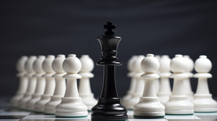 Fototapeta premium white chess king standig ahead of black pawns, white background