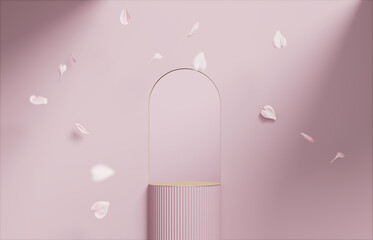 3D background, pink podium display. Flower petals falling. Cosmetic or beauty product promotion step floral, pastel pedestal. Abstract minimal advertise. 3D render copy space spring mockup.	