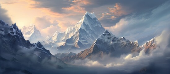 A painting depicting the Himalayan mountain range surrounded by clouds, showcasing the towering peaks and misty atmosphere of the region.
