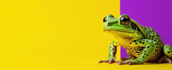 Foto op Canvas a green frog on a purple and yellow background © sam