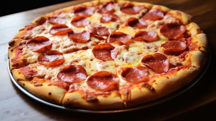a pepperoni pizza on a tray