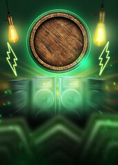 Empty background scene. Dark dj club on background flyer. Rays of neon light in the dark, neon shapes, smoke. Background of an empty stage show, party, or event. Abstract dark background