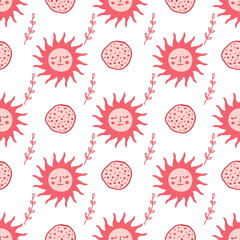 Hand drawn pancakes and sun Shrovetide seamless pattern. Perfect for textile, menu, postcard and print. Doodle  illustration for decor and design.
