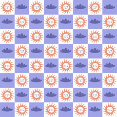 Grid retro seamless pattern with sun and clouds in 1970s style. Funny simple print for T-shirt, paper, card and stationery. Doodle illustration for decor and design.