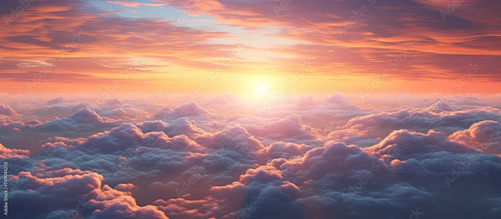 Poster the sun is setting over a stunning cloudscape, creating a mesmerizing display of colors in the sky. 