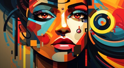 a woman's face with colorful shapes
