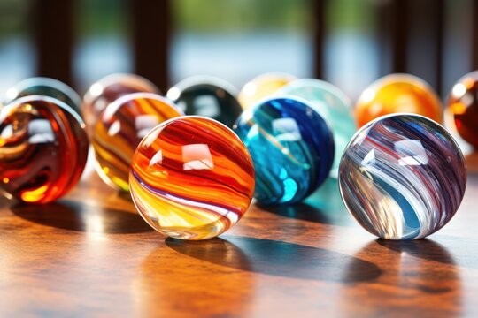 a group of colorful marbles on a table