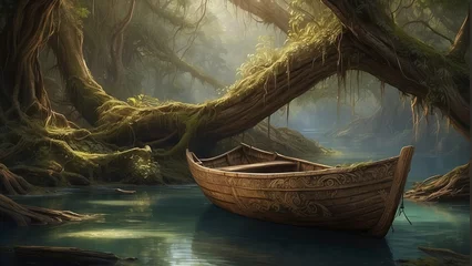 Foto op Plexiglas An ethereal forest scene with an intricately carved ancient boat gently resting on a mystical river © JohnTheArtist