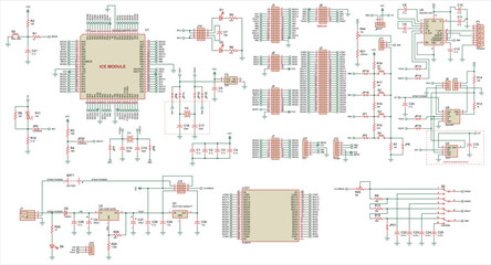 Vector electrical schematic diagram of an digital
electronic device with lcd, operating under the control of a 
microcontroller. Radio scheme with integrated circuit, 
resistor, capacitor, sensor.