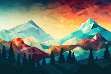 low polygonal mountains with trees and a sunset
