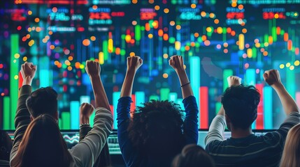 people celebrate in front of the dashboard of bitcoin uptrend market.