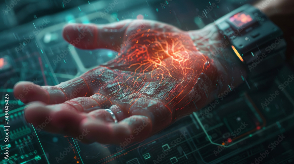 Poster a macro shot of a human hand with a rash being scanned by an ai diagnostic animation.