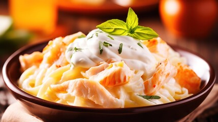 a bowl of pasta with white sauce and basil